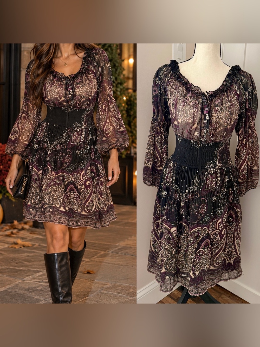Zara Y2K Paisley Chiffon Smocked Waist Pleated Boho Dress Black Plum Sz S